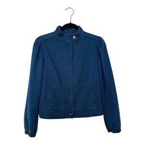 Gap Moto Jacket Mock Neck Zip Up Long Sleeve Linen Blend Blue Womens Small